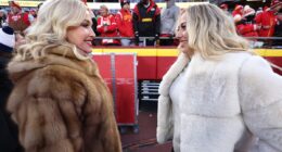 Brittany Mahomes puts on glam display in chic fur coat as she kisses husband Patrick at AFC Championship