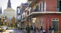 The FBI investigates the area on Orleans St and Bourbon Street by St. Louis Cathedral in the French Quarter