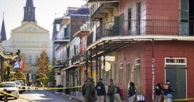 The FBI investigates the area on Orleans St and Bourbon Street by St. Louis Cathedral in the French Quarter