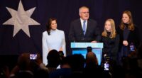 Pictured: Jenny Morrison appeared with her husband and children as the outgoing Prime Minister addressed his party colleagues and the media