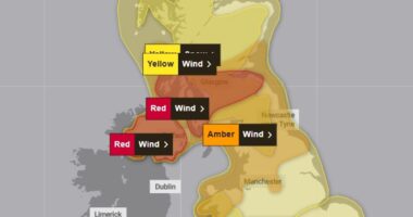 Eowyn hits British Isles with hurricane-force winds: 'Exceptional' red-warning tempest sees trains and planes cancelled, schools shut and public told to stay home amid 'extreme and real' threat to life - as map predicts its path of destruction