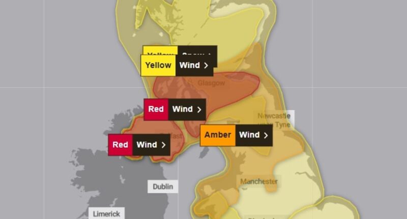 Eowyn hits British Isles with hurricane-force winds: 'Exceptional' red-warning tempest sees trains and planes cancelled, schools shut and public told to stay home amid 'extreme and real' threat to life - as map predicts its path of destruction