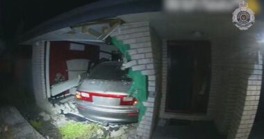 Video has shown the moment a car ploughs into a family's bedroom north of Brisbane.Police alleged the 29-year-old driver had been hooning just moments before the crash, leaving the home in ruins and a family heartbroken.