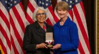 Former Ohio State president Kristina Johnson receives presidential medal