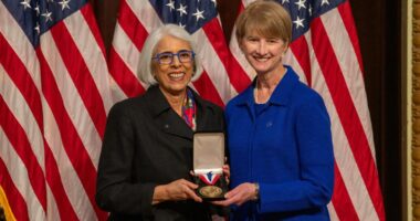 Former Ohio State president Kristina Johnson receives presidential medal