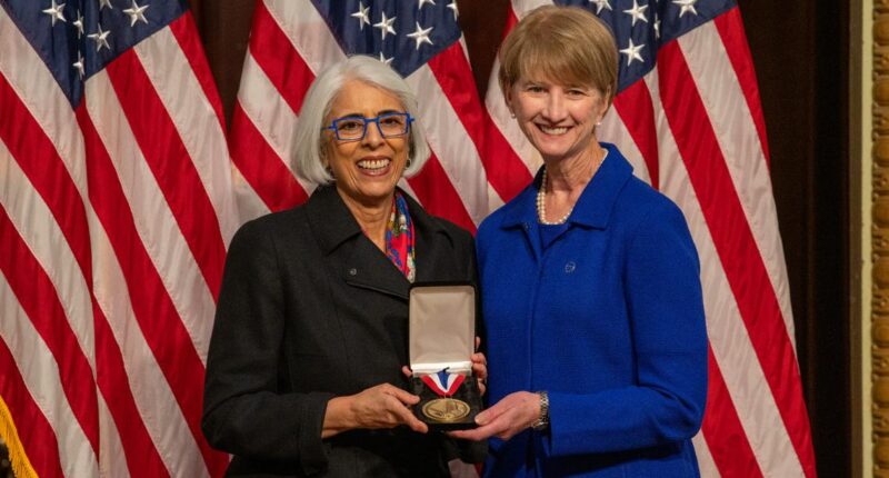 Former Ohio State president Kristina Johnson receives presidential medal