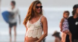 Gisele Bundchen, 44, flashes her baby bump as she enjoys a beach day with partner Joaquim Valente in Costa Rica