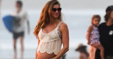 Gisele Bundchen, 44, flashes her baby bump as she enjoys a beach day with partner Joaquim Valente in Costa Rica