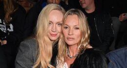 Kate Moss kisses glam pal Gwendoline Christie on the cheek and she puts on an animated display on the FROW with Miles Chamley-Watson at Dior Homme show for Paris Fashion Week