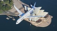 An Airbus A350-1000 flight test aircraft flies over the Sydney Opera House to mark a major fleet announcement by Australian airline Qantas (pictured)