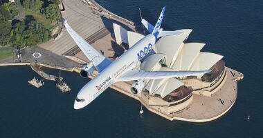 An Airbus A350-1000 flight test aircraft flies over the Sydney Opera House to mark a major fleet announcement by Australian airline Qantas (pictured)