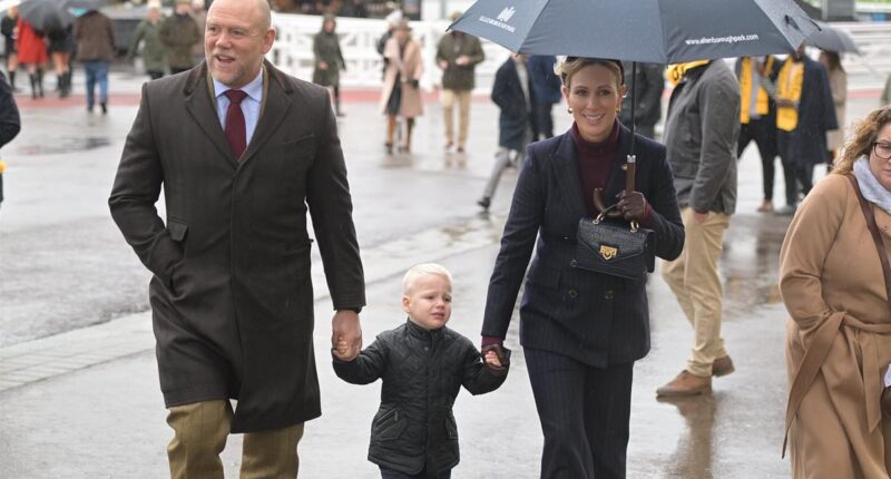 Lucas Tindall, 3, delights with his cheeky antics as he joins parents Mike and Zara at New Year's Day meeting at Cheltenham Racecourse