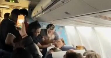 Moment female plane passenger throws her drink at stewardess before tossing her wig and attacking other travellers