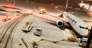 Multiple airports close runways as snow batters Britain amid dire warnings up to 16 inches could fall today in Arctic blast that caused travel chaos with flights cancelled, roads shut and power outages