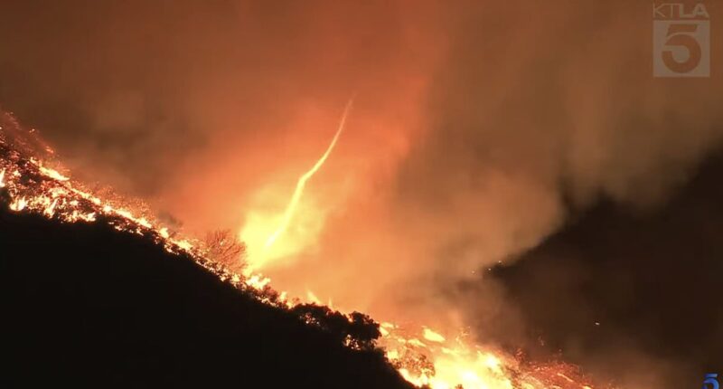 Now California is hit by FIRE TORNADO as wind whips up flames while LA blaze continues to spread