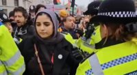 Police officers accused of manhandling 'pregnant' woman during pro-Palestine protest that went ahead despite Gaza ceasefire deal - as 77 are arrested