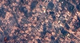 Satellite pics show whole blocks burned to rubble after LA wildfires sparked in backyard…& 5 blazes still out of control