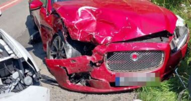 Shocking moment newly qualified driver, 17, smashes head first into Jaguar while ‘showing off’ to female passenger