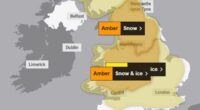 Snow warning is upgraded to amber for Britain: Met Office says 16in wintry showers and freezing rain could cause chaos this weekend with alerts in place for most of the UK