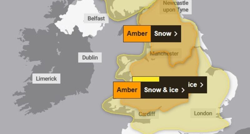 Snow warning is upgraded to amber for Britain: Met Office says 16in wintry showers and freezing rain could cause chaos this weekend with alerts in place for most of the UK