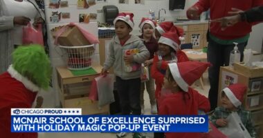 Students at McNair Elementary School on West Side get holiday pop-up surprise from Meijer grocery store