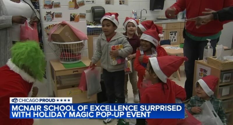 Students at McNair Elementary School on West Side get holiday pop-up surprise from Meijer grocery store