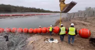 Texas buoys up! New barriers are installed along the Rio Grande as Trump ally Governor Abbott hails 'America is back'