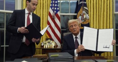 Trump bursts into Oval Office to find surprise from Biden as he declares Mexican drug cartels 'terrorists' and pardons ALL Jan 6 rioters in first White House press conference