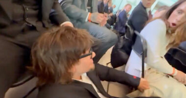 ‘Embarrassing’ moment podcaster Theo Von falls off chair at Donald Trump’s inauguration caught on camera by Logan Paul