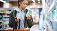 woman reading a food label while grocery shopping