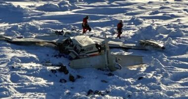 This photo provided by the U.S. Coast Guard on Friday, Feb. 7, 2025, shows a small commuter plane that crashed in western Alaska on a flight that was bound for the hub community of Nome. (U.S. Coast Guard via AP)This photo provided by the U.S. Coast Guard on Friday, Feb. 7, 2025, shows a small commuter plane that crashed in western Alaska on a flight that was bound for the hub community of Nome. (U.S. Coast Guard via AP)