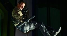 Bear Grylls dramatically ABSEILS into Celebrity Bear Hunt premiere before posing with his rarely-seen wife Shara on the red carpet