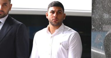 Amateur boxer Adam Abdallah (right) arrives at the Downing Centre Local Court, in Sydney, Wednesday, February 26, 2025. (AAP Image/Dean Lewins)