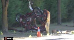 Two couples are understood to have been riding on a rented four-seater pedal powered quad bike along Puruatanga Road in Martinborough Thursday morning when it was rammed by a car from behind