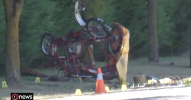 Two couples are understood to have been riding on a rented four-seater pedal powered quad bike along Puruatanga Road in Martinborough Thursday morning when it was rammed by a car from behind