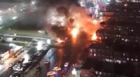 Chilling aerial footage shows debris scattered across Philadelphia street where plane crash ignited fireball