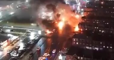 Chilling aerial footage shows debris scattered across Philadelphia street where plane crash ignited fireball