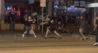 The two groups clashed and used metal chairs and umbrellas during the brawl after yesterday's Melbourne derby between Victory and City.