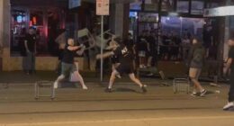 The two groups clashed and used metal chairs and umbrellas during the brawl after yesterday's Melbourne derby between Victory and City.