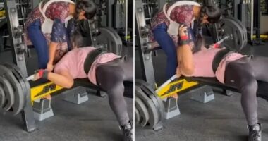 Horror moment bodybuilder gets TRAPPED with 165kg weight crushing his neck as tiny wife desperately tries to save him