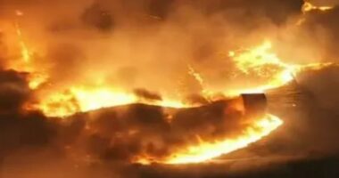 Horror vid shows fire ripping through aerospace supplier’s warehouse after ‘explosion’ & locals urged to stay indoors