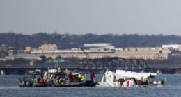 In this image provided by the U.S. Coast Guard, wreckage is seen in the Potomac River near Ronald Reagan Washington National Airport, Thursday, Jan. 30, 2025, in Washington. (Petty Officer 2nd Class Taylor Bacon, U.S. Coast Guard via AP)