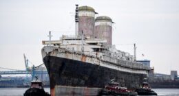 Legendary abandoned cruise ship SS United States left to rot for 30yrs makes final voyage before she is SUNK on purpose