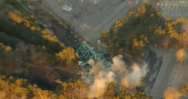 Moment world’s tallest roller coaster is BLOWN UP with 456-foot tower turned to pile of rubble in series of explosions