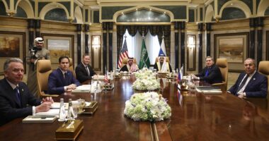 No seat for panicking Europe or Zelensky at Ukraine peace talks: US and Russia meet in Saudi Arabia as Germany storms out of summit amid fears Trump will abandon Baltics