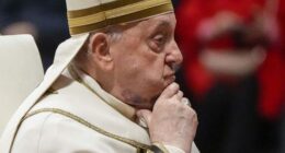 FILE - Pope Francis reacts during a solemn mass where he made 21 new cardinals in St. Peter's Basilica at The Vatican, Saturday, Dec. 7, 2024. (AP Photo/Gregorio Borgia, File)