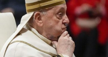 FILE - Pope Francis reacts during a solemn mass where he made 21 new cardinals in St. Peter's Basilica at The Vatican, Saturday, Dec. 7, 2024. (AP Photo/Gregorio Borgia, File)