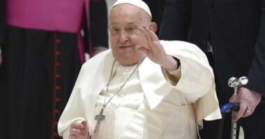 Pope Francis waves as he arrives for his weekly general audience in the Paul VI Hall, at the Vatican in February.