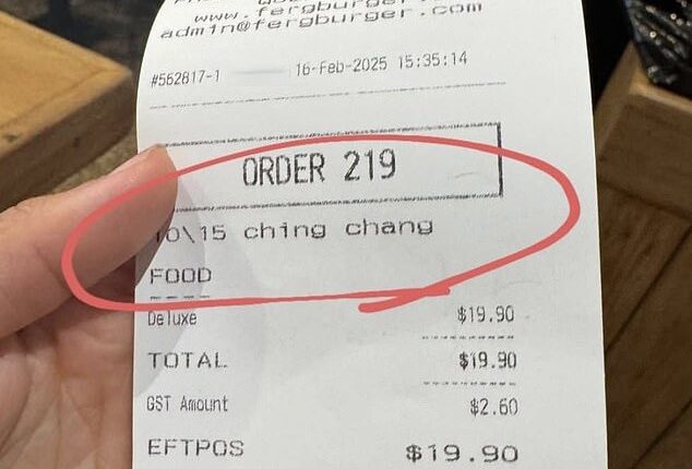 A receipt (pictured) named a Fergburger customer 'ching chang' last Sunday afternoon