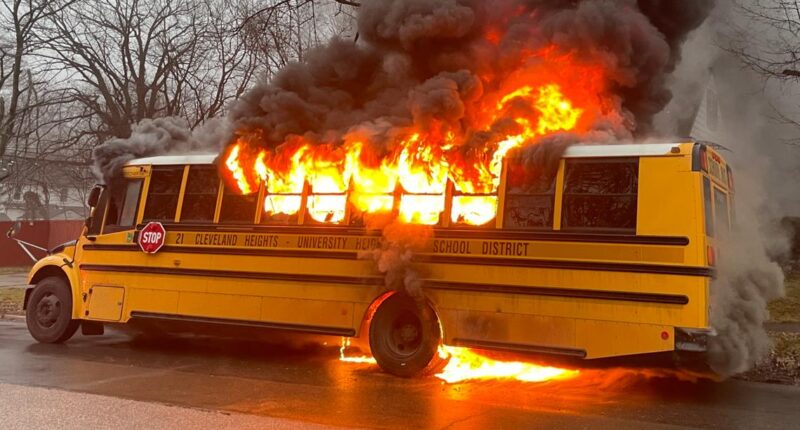 School bus becomes engulfed in flames in Cleveland Heights: See the photos